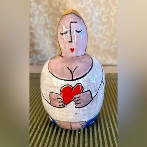 Vintage Sandra Magsamen Pottery Woman Holding Red Heart Ceramic Bottle Vase